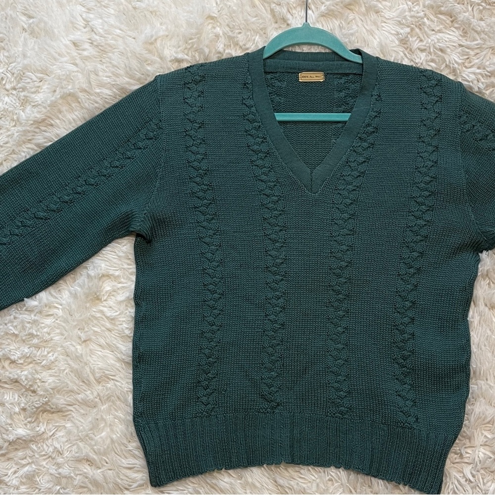 Forest Green Cable Knit Sweater 100% Wool Pullover Cozy Knit Preppy Medium - Picture 5 of 6
